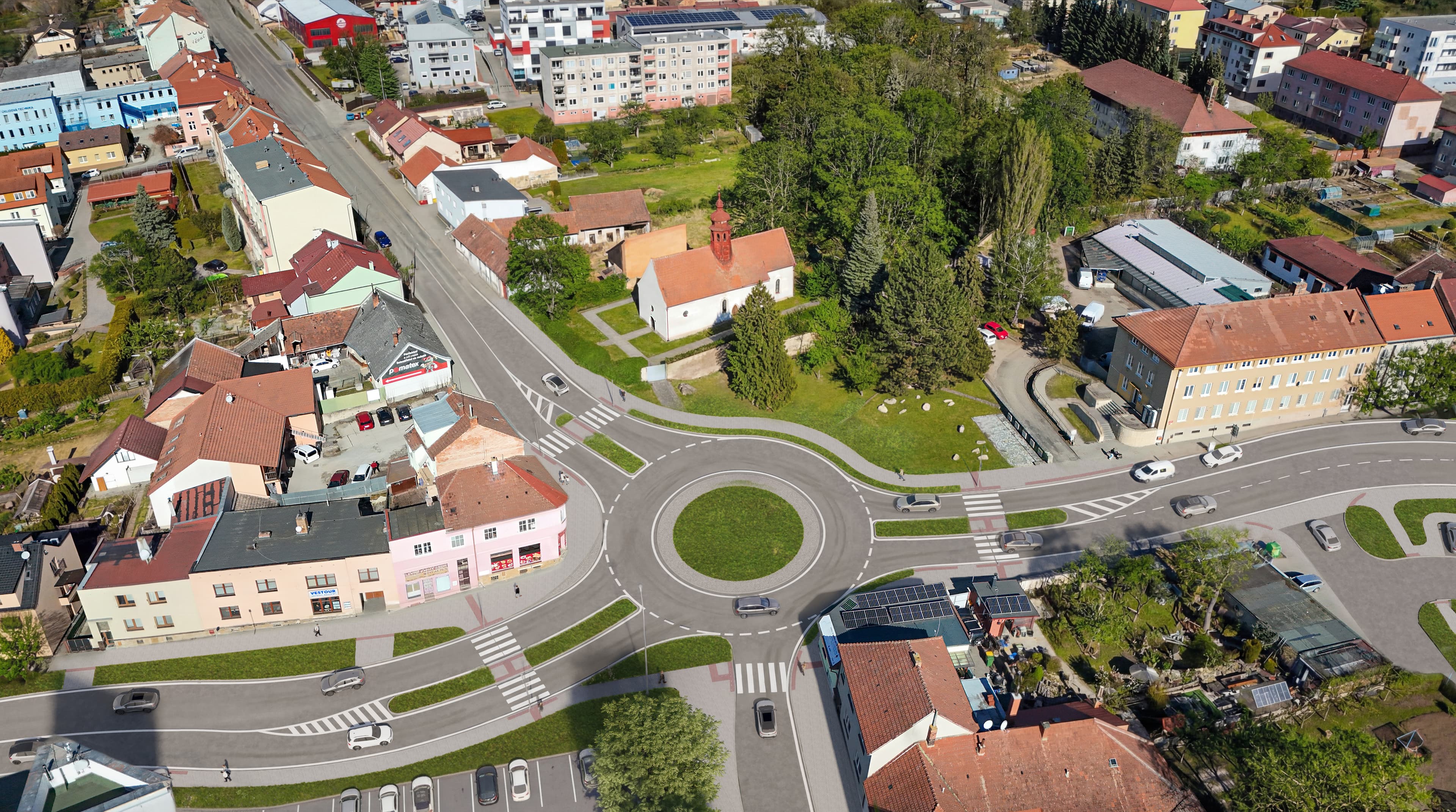 Dříve zvažovaná varianta s větším kruhovým objezdem o průměru 30 metrů